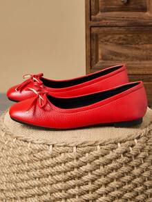 MonaNise Women's Fashion Square Toe Low Vamp Apricot Bow Flat Shoes, Black & White Outdoor Casual High-End Khaki Versatile Flats - Red - View 5