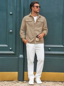 Mens Shirt Jacket Long Sleeve Button Down Casual Shacket Lightweight Thermal Shirts With Pocketshalloween - 卡其色 - 查看 8