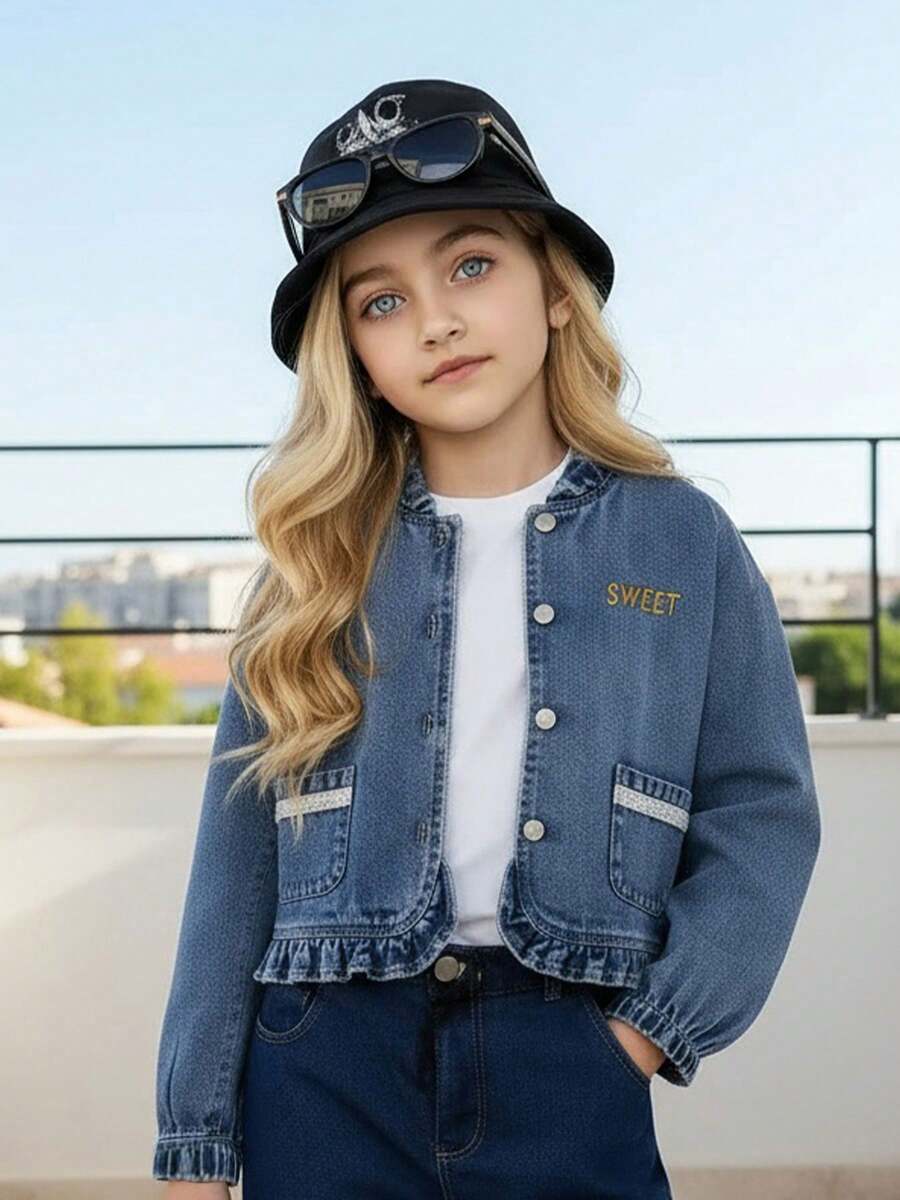 1 件女童牛仔夹克，可爱甜美时尚俏皮荷叶边泡泡袖牛仔夹克，秋冬新款 - 中等水洗藍 - 查看 1