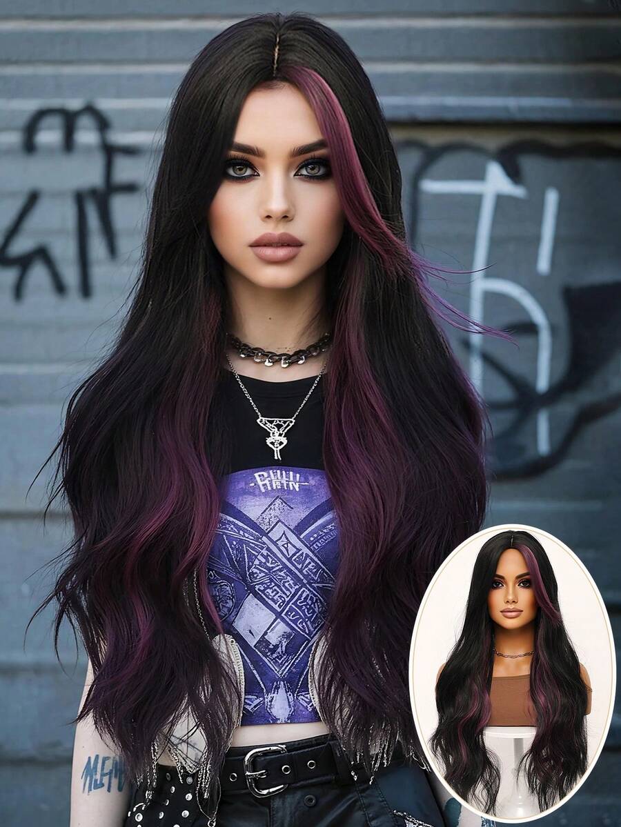 clouder Black Highlight Purple Extra Long Curly Wig 30 Inch Cosplay Wig Halloween Christmas Wig Elegant Soft Matte Hair Loose Curls Casual Outing Street Punk Wig Rock Wig Fluffy Natural Cool Girl Synthetic Heat-Resistant Fiber Wig Suitable For Women Daily Party Wig Music Festival Wig Avant-Garde College Style Wig Modern Fashion Gothic Wig - 挑染紫色 - 查看 1
