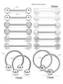 16入組不銹鋼乳頭穿孔彎棒,舌頭環,立方氧化鋯乳頭珠寶零售商,穿體珠寶 14標準規格