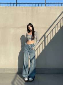 休闲水洗不对称腰阔腿牛仔裤 - 中等水洗藍 - 查看 4