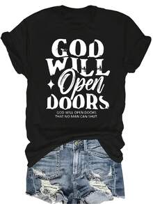 [Camiseta de moda casual] Camiseta suave y cómoda para mujer - Dios abre puertas Parte superior de manga corta y cuello redondo casual, regalo perfecto para la abuela y la mamá, uso casual de primavera y verano - Negro - Ver 1