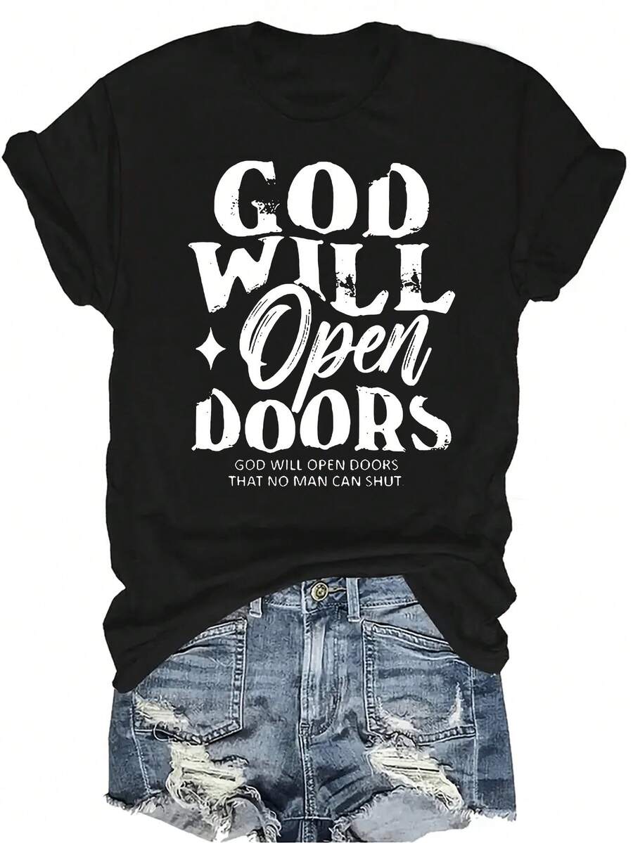 [Camiseta de moda casual] Camiseta suave y cómoda para mujer - Dios abre puertas Parte superior de manga corta y cuello redondo casual, regalo perfecto para la abuela y la mamá, uso casual de primavera y verano - Negro - Ver 1