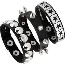 Eigso 3 Pcs Leather Punk Bracelets Men Women Of Rock Rivet Wrap Retro Spike Bracelet Adjustable - 黑色-4 - 查看 12