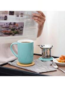 Porcelain Tea Mug With Infuser And Lid, With Filter And Coaster, Loose Leaf Tea Cup Steeper Maker, 16 OZ For Tea/Coffee/Milk/Women/Office/Home/Gift (White) - Turquoise - View 4