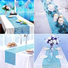 1pc Blue Sequin Table Runner 12" X 72", Suitable For Weddings, Holidays, Birthday Parties, Bridal Showers, Banquets, Events, Dessert Table Decor - Blue - View 6