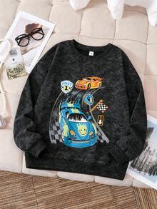 青少年男孩赛车比赛印花雪花图案圆领长袖毛衣套头衫秋冬款 - 黑色 - 查看 5