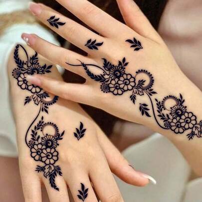 מדבקת קעקוע זמנית צמחית אחת, מחזיקה מעמד 7-14 ימים, דוגמת פרחי חינה, חומר PVC רחיץ, חד פעמי, עמיד למים וזיעה, מתאים למותניים ולברכיים, לא מחזיר אור, קעקוע ריאליסטי, מתאים לחובבי אופנה לשימוש יומיומי