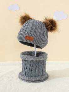 2pcs/Set 1-5Y Double Ball Letter Knit Hat + Plush Scarf 2 Pieces Set, Warm Autumn/Winter Outdoor Knit Hat Set - 2pcs - View 13