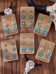 MONLOTTI 6/18/36pcs Western Turquoise Jewelry,Bohemian Turquoise Stud Earring Set,Fashion Vintage Jewelry Set For Woman,Pumpkin Flower, Oval, Circular, C-Shaped, Horse Shoe And Other Various Earring Stud Matching Turquoise Jewelry Set.,Suitable For Daily Gatherings And Matching For All Occasions, Gift For Woman, Western Jewelry,Earrings Women Earring Sets,My Orders Recently Purchased - Multicolor - View 2