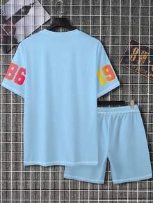 2 件男士图案印花圆领 T 恤和短裤套装，夏季服装 - 中等水洗藍 - 查看 5