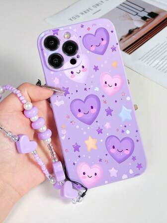 1 pieza Funda de teléfono a prueba de golpes con diseño de corazón de TPU morado y 1 pieza de cordón morado a juego con diseño de corazón, compatible con iPhone/teléfonos Android como 17 Pro Max, 16 Pro Max, A52 4G, A31 4G