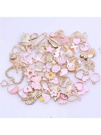 10/20/30/50/80/100pcs Assorted Minimalist Pink Enamel + Gold Tone Alloy Random Mix Heart, Star, Elephant, Leaf Charms Pendants, Suitable For Bag Decoration, Handmade DIY Jewelry Making Necklace Bracelet Earrings Accessories