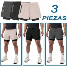 Shorts Deportivos Hombre 2 EN 1, 3PCS,Short con Licra Hombre,Short 2 en 1 Hombre con Bolsillo Interior Forrado Secado Rápido y Comodida, Súper Transpirabl, Apto para Gym, Correr, Entrenamiento - Negro, Blanco y Gris - Ver 7