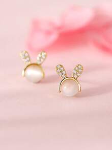 1 Pair Cute Cat Eye Stone Rabbit Stud Earrings, Simple Versatile Adorable Earrings For Women