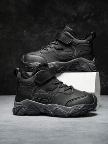 1 Pair Children's High-Top Warm Sports Shoes, Thermal-Lined Thick Warm Non-Slip Mid-Top Hiking Shoes, Suitable For Children And Teenagers Outdoor Wear In Winter, Fashionable And Stylish For Boys - Black - View 8