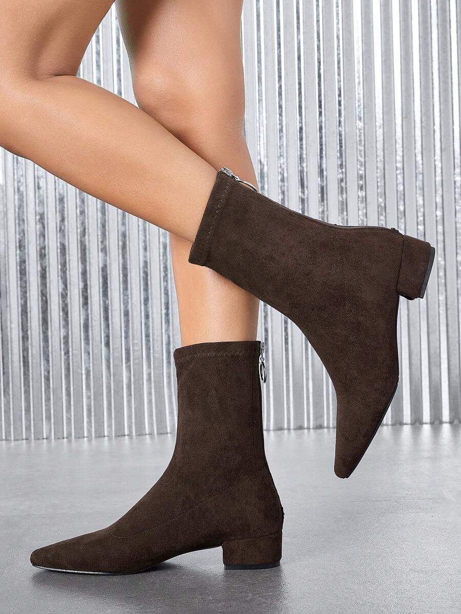 Bottes de mode pour femmes automne/hiver, nouvelles bottes cheville élégantes et polyvalentes à bout pointu, talon épais, sexy, couleur unie, couleur bordeaux - Marron - Voir 1