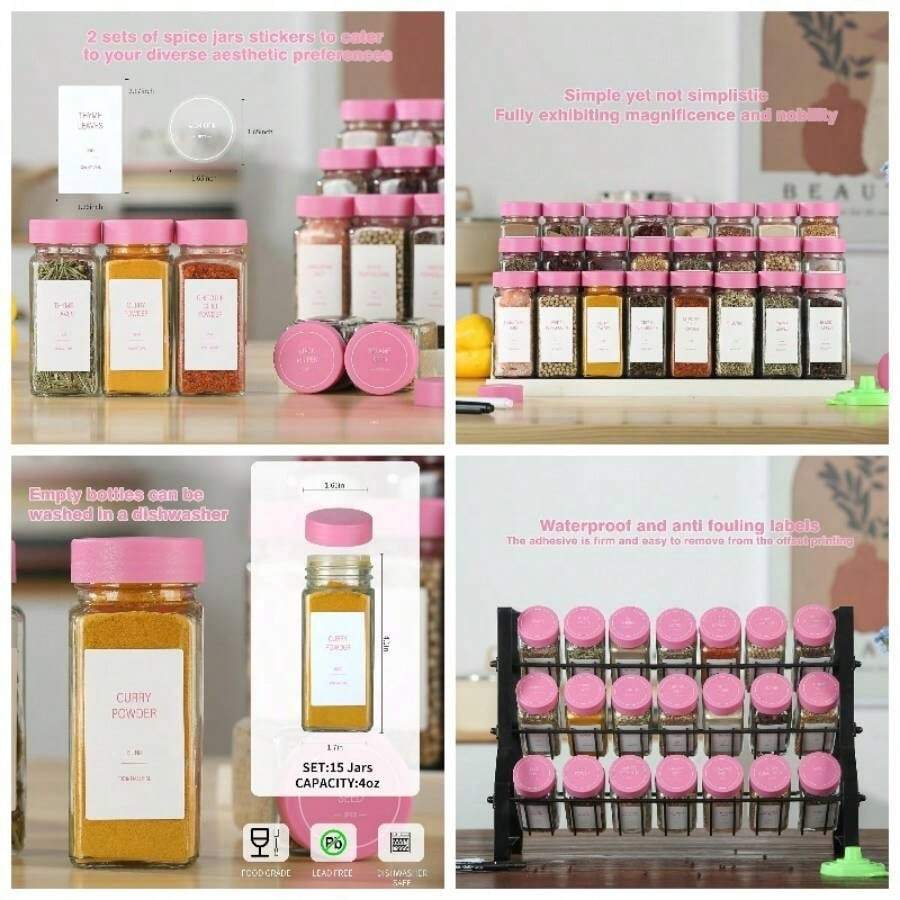Spice Jars With Label 4oz Glass Spice Bottles With Shaker Lids Seasoning Containers With Funnel, Chalk Pen Cabinet Drawer Rack Black, 24 - Pink + 24 - View 1