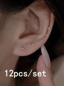 eTel LiKe 4/8/12件套耳钉棒防堵耳棒耳棒简约款迷你耳针防过敏耳钉 - 復古銀色 - 查看 9