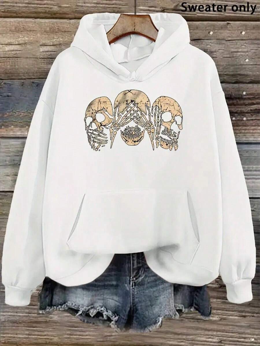 [Gothic Skull Hoodie] Cozy Black Gothic Skull Print Hoodie - MEN's Fall-Winter Casual Sweatshirt With Drawstring, Pockets & Machine Washable Fabric,Fall Hoodies,Men's Fall Clothes,Street Wear,Halloween,Mens Hoodies,Y2k Clothes,Jesus Hoodie,Thanksgiving Day,Nightmare Before Christmas,Christmas - 白色 - 查看 1