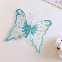 6Pcs Butterfly Christmas Tree Decorations Duckbill Clip Design Glittery Sequined Butterflies For Home Decor - Blue - View 4