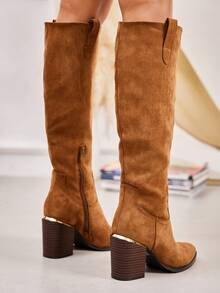 fandelle Women's Pointed Toe Fashion Daily Commute Side Zipper High Heel Knee-High Boots - Camel - View 5