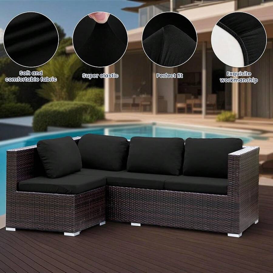 HANDONTIME 8Pcs Patio Cushion Covers Stretch Outdoor Couch Cover Cushions Outdoor Furniture Waterproof Patio Furniture Cover Pets Sofa Covers Washable (Khaki,Cover Only) - 答:黑色 - 查看 1