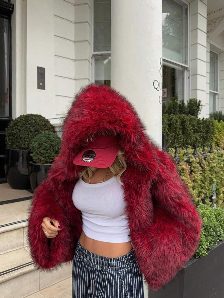 秋冬新款优雅高端时尚酒红色女士休闲仿皮草外套，长袖开襟连帽毛绒绒夹克，宽松短款时尚皮草上衣，适合秋冬季外出、新年夜、派对、约会、乡村、返校节、休闲、假日度假等场合穿着。 - 酒紅色 - 查看 3