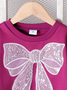 2pcs/Set Young Girl' Casual Minimalist Big Bow Decor Long Sleeve Top And Pants Set, Thermal Lined For Autumn/Winter - Purple - View 3