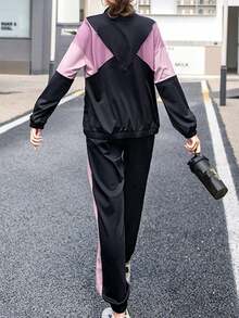 3 件套女士运动套装，拉链拼接连帽衫和哈伦裤，户外跑步健身健身房服装 - 紫色 - 查看 2