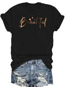 [Camiseta de moda casual] Camiseta suave y cómoda para mujer - Hermoso arte de guión de corazones Casual de manga corta y cuello redondo, regalo perfecto para la abuela y la mamá, ropa casual de primavera y verano - Negro - Ver 1