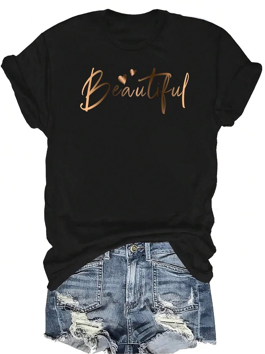[Camiseta de moda casual] Camiseta suave y cómoda para mujer - Hermoso arte de guión de corazones Casual de manga corta y cuello redondo, regalo perfecto para la abuela y la mamá, ropa casual de primavera y verano - Negro - Ver 1