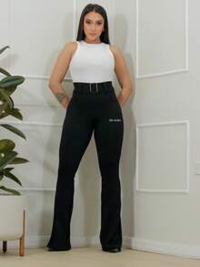 Flare Pants Knitted Fabric Buckle - Black - View 1