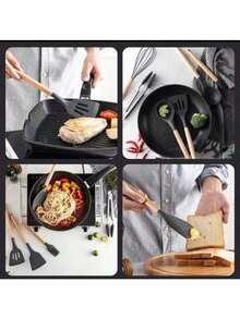 Silicone Kitchen Set Spoons Spatula 12 Pieces Wood Decoration - verde - Ver 9