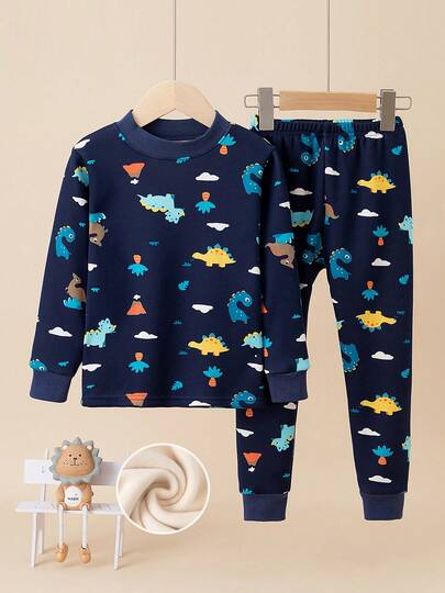 Kleine Jungen Fleece-gefütterter Dinosaurier-Muster Thermo-Unterwäsche Set, warmer Hausanzug für Herbst/Winter