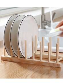 1pc Natural Wood Color Draining Rack, Creative Wooden Dish Drying Rack, Kitchen Supplies Display Shelf, Bookshelf, Multi-Purpose Solid Wood Storage Rack