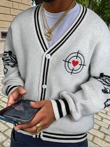 Men's Casual Loose Solid Color Cupid Heart Pattern Retro Versatile Commute V-Neck Button-Up Long Sleeve Cardigan Sweater, Autumn/Winter