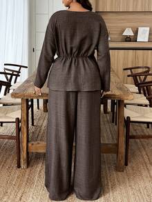 UrbanChic Minimalist 2Pcs Plus Size Cinching Waist Metal Buckle Decorated Suit, Solid Color, Modest, Wedding Season, Valentine's Day Outfit, White Party Event, Spring Break Outfits, Spring Outfit, Summer Holiday Outfits - Coffee Brown - View 6