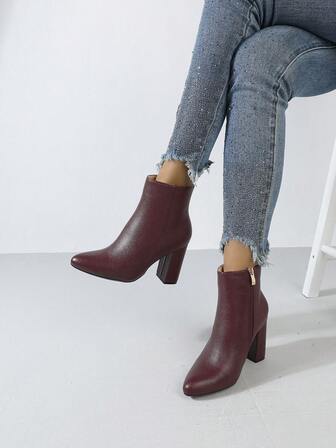 Timesize รองเท้าบูทหุ้มข้อผู้หญิงสีไวน์แดงสำหรับฤดูใบไม้ร่วง/ฤดูหนาว, รองเท้าบูทสั้นแฟชั่น, รองเท้าส้นสูง, ลายแบบสุ่ม