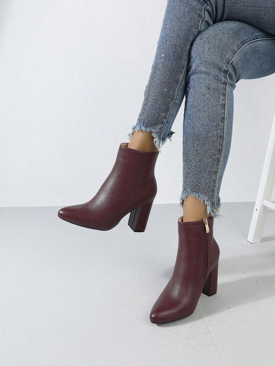 Timesize Giày bốt cổ ngắn màu đỏ rượu vang dành cho nữ mùa Thu/Đông, bốt cổ ngắn thời trang, bốt cao gót, họa tiết ngẫu nhiên.