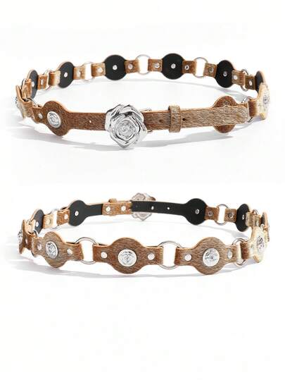 Retro American Style Buckle Waist Belt With Rivet, Cow Print, Versatile, Suitable For Skirts, Vacation Vibe