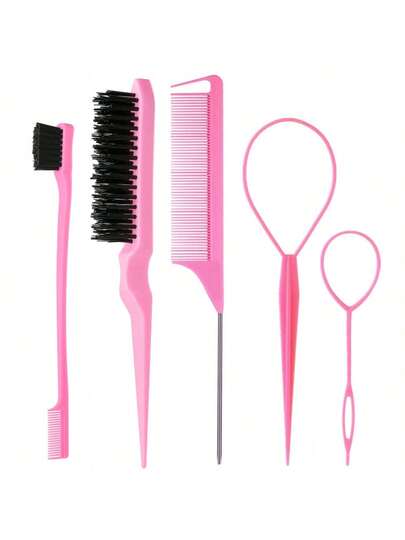Set de 5 piezas de cepillo de pelo y herramientas de trenzado, incluye cepillo de control de bordes, peine de tejer, peine de cola de rata y herramientas Topsy Tail, esenciales de viaje, cepillo de pelo, peine, herramientas para el cabello, productos y accesorios para el salón de belleza