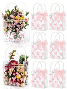 Set de 4/8 bolsas de regalo con decoración de lazos rosas para fiestas, cada una con asa, lazo rosa, nudo y flor margarita. Bolsas para obsequios de fiestas de cumpleaños, baby shower, día de la madre, bodas, etc. Suministros reutilizables para manualidades y decoración de fiestas (Navidad, graduación, despedida de soltera).