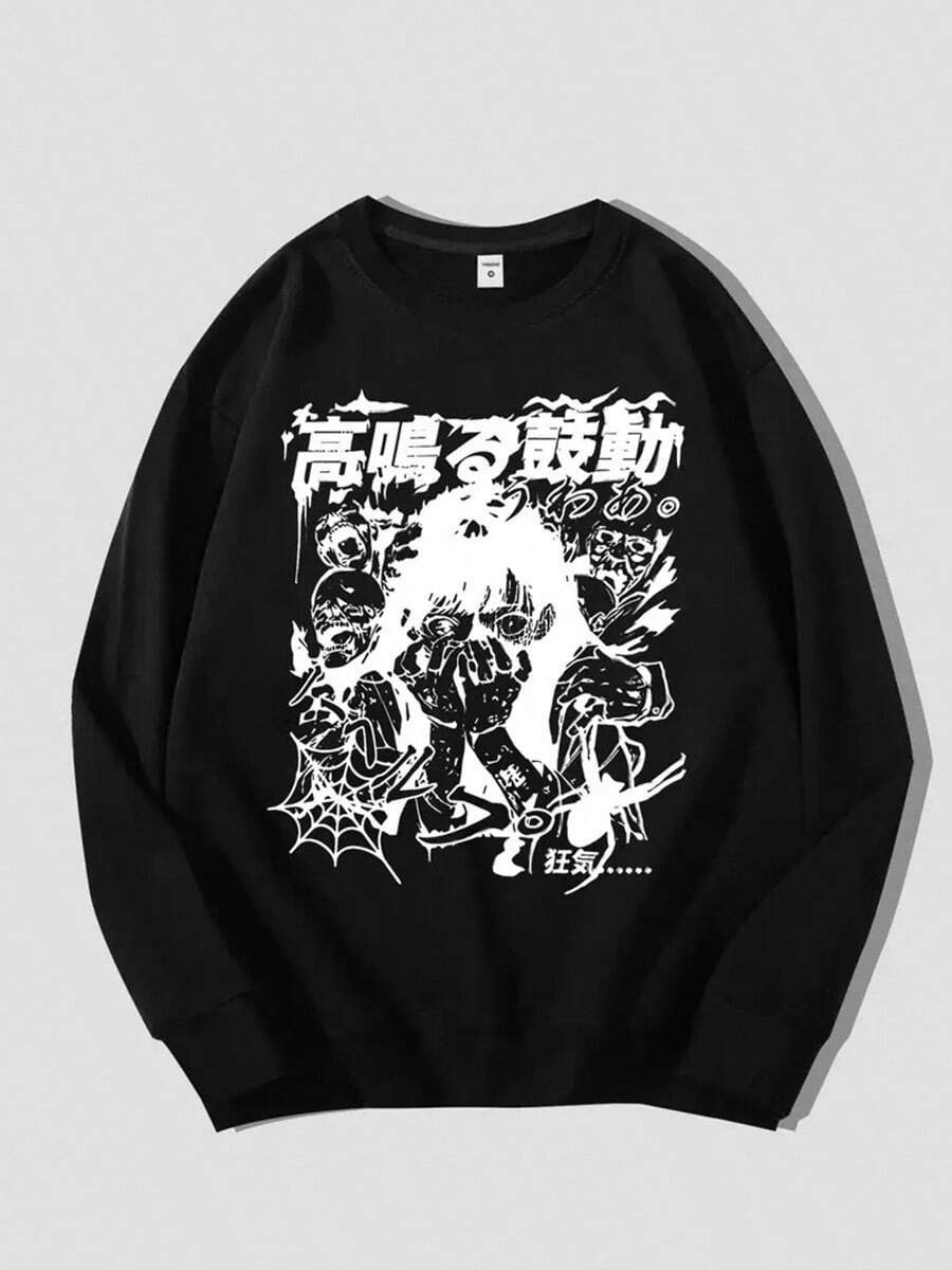 1pc Y2K Anime-Inspired Men'S Casual Crew Neck Sweatshirt, Geometric Pattern, Polyester Knit Fabric, Medium Stretch, Loose Fit, Autumn-Winter Fashion,Fall Hoodies,Men's Fall Clothes,Street Wear,Halloween,Mens Hoodies,Y2k Clothes,Jesus Hoodie,Thanksgiving Day,Nightmare Before Christmas,Christmas - màu đen - Xem 1