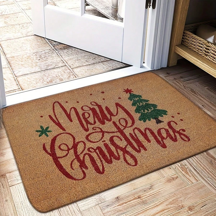 Christmas Tree Geometric Pattern Anti-Slip Bath Mat, Machine Washable Woven Polyester Doormat, Suitable For Bathroom, Bedroom, Kitchen, Laundry Room - Plush Rectangular Holiday Entrance Mat Kitchen Rug