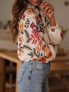 大码女式优雅休闲度假浪漫印花长袖上衣衬衫（印花） - 彩色 - 查看 5