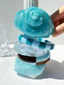 1 chiếc vòng tay vỏ sò nhuộm màu xanh bất đối xứng, vòng tay nhựa sọc tương phản, phụ kiện tối giản Y2K dành cho nữ - Nhiều màu - Xem 2