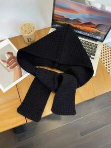 1 Peça Lenço com Capuz de Tricô Fashionável de Cor Sólida Preto/Bege/Cáqui/Marrom/Vermelho com Padrão Trançado, Combinando Estilos Casuais, Boêmios e Elegantes, Confeccionado em Mistura Acrílica Macia Tricotada com Detalhes Trançados e Franjas Intrincados, Design Multifuncional como Lenço com Capuz, Xale