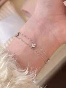 GAGAFEEL 1pc Sterling 925 Silver Exquisite Elegant Fashionable Double Layers Cute Flowers Cubic Zirconia Chain Bracelet For Women Daily Wearing Friendship Party Jewelry Gift